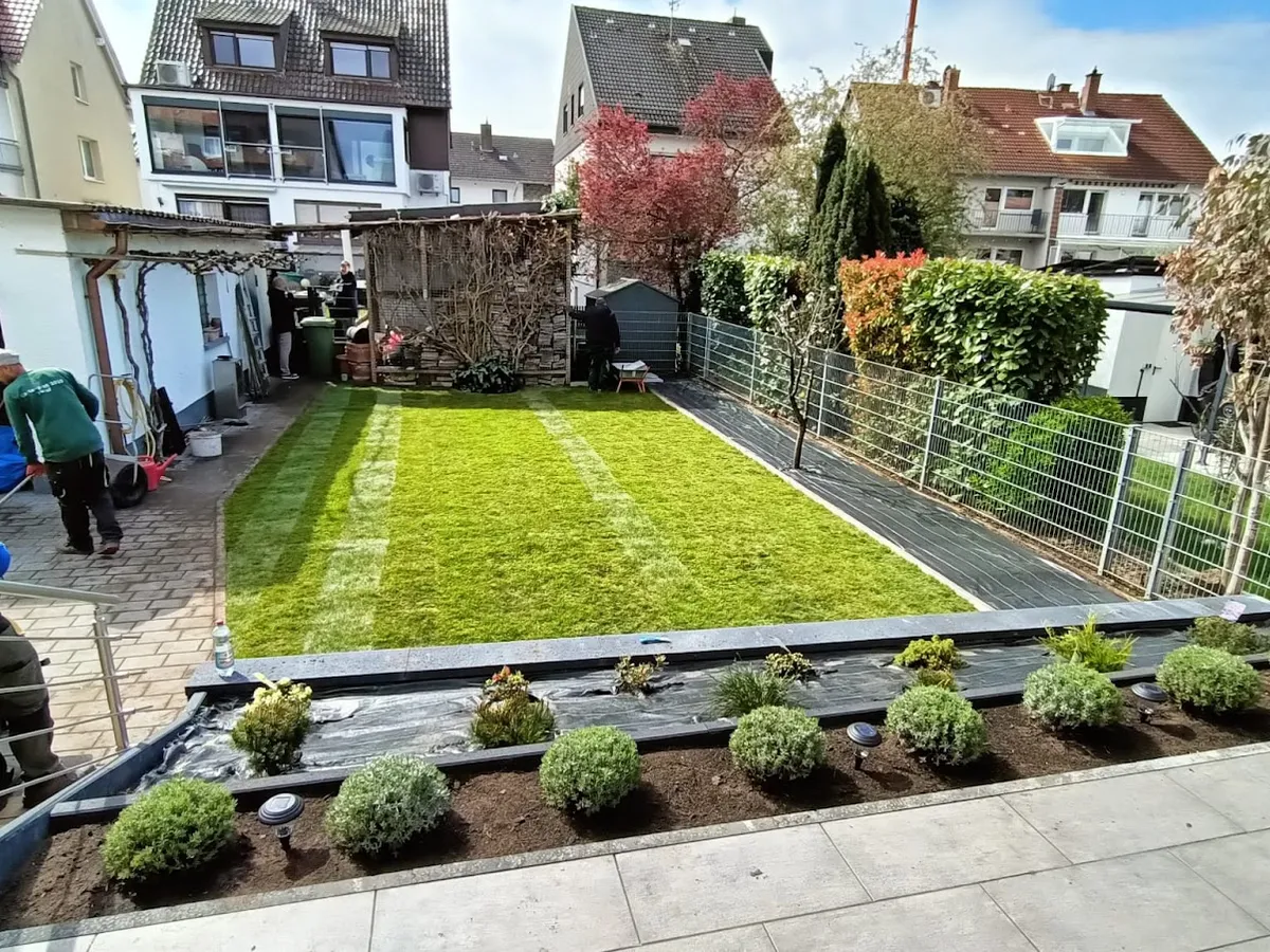 Frisch verlegter Rollrasen mit neuer Beetkante — Gartenprofi 2010